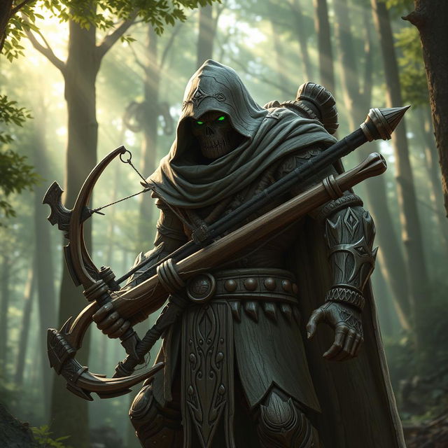 A warforged made of wood, cloaked in a cowl with a long cape, carrying a heavy crossbow