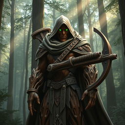 A warforged made of wood, cloaked in a cowl with a long cape, carrying a heavy crossbow