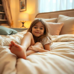 A young girl lying on a bed, her legs slightly bent