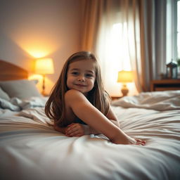 A young girl lying on a bed, her legs slightly bent