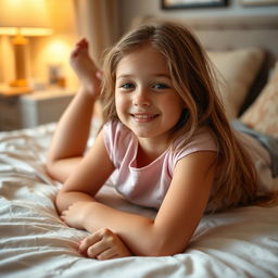 A young girl lying on a bed, her legs slightly bent