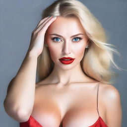 A seductive Russian woman with a thin face, blonde hair, blue eyes, and red lips