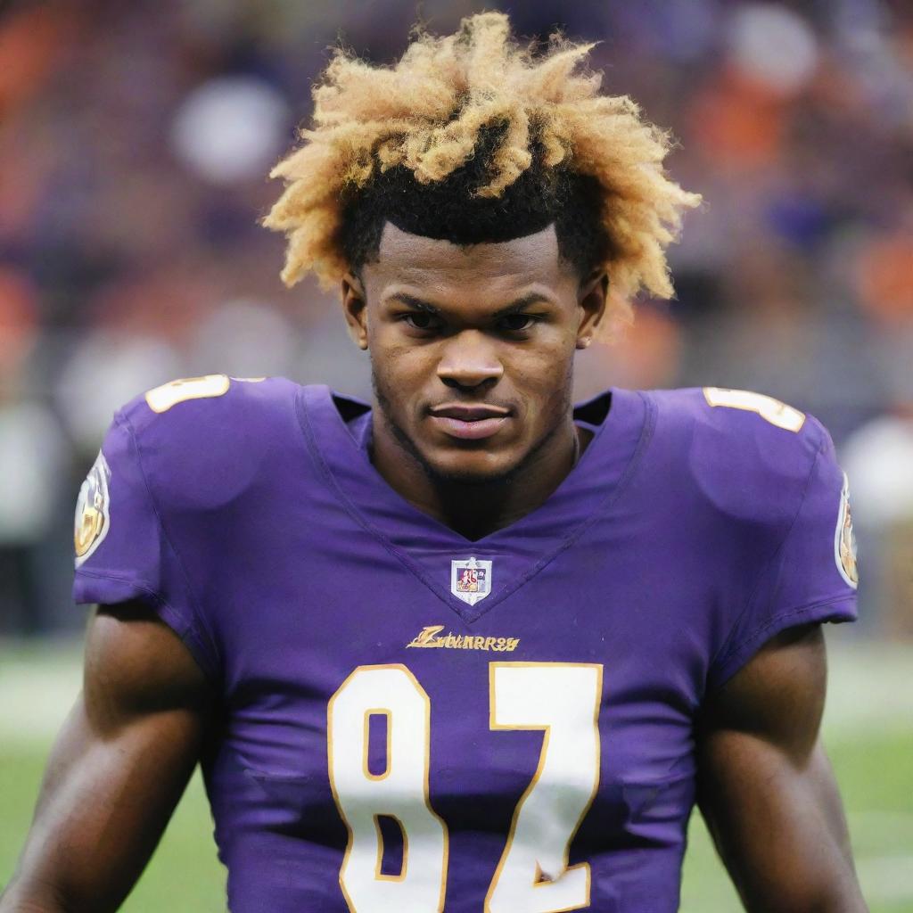 Lamar Jackson, the famous American football quarterback, transformed into a glowing Super Saiyan with golden hair and powerful aura around him on a football field.