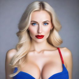 A seductive Russian woman with a thin face, blonde hair, blue eyes, and red lips