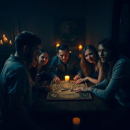 A group of five people gathered around a table, playing with a Ouija board