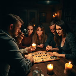 A group of five people gathered around a table, playing with a Ouija board