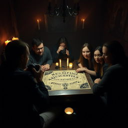 A group of five people gathered around a table, playing with a Ouija board