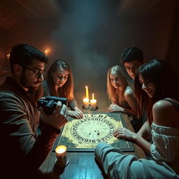 A group of five people gathered around a table, playing with a Ouija board