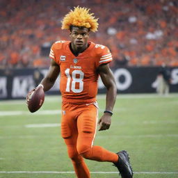 Lamar Jackson, the famous American football quarterback, transformed into a glowing Super Saiyan with golden hair and powerful aura around him on a football field.