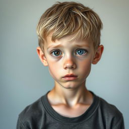 A 13-year-old boy with dry, blonde hair, one black eye and one gray eye, very thin, with a lost gaze