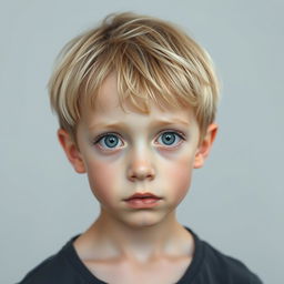 A 13-year-old boy with dry, blonde hair, one black eye and one gray eye, very thin, with a lost gaze