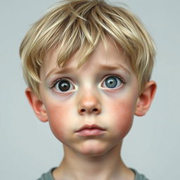 A 13-year-old boy with dry, blonde hair, one black eye and one gray eye, very thin, with a lost gaze