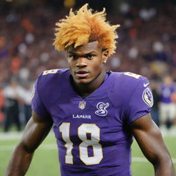 Lamar Jackson, the famous American football quarterback, transformed into a glowing Super Saiyan with golden hair and powerful aura around him on a football field.