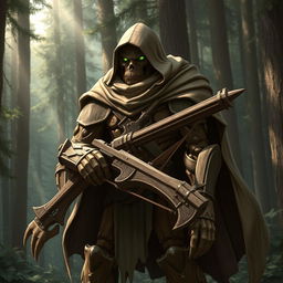 A warforged made of wood, cloaked in a cowl with a long cape, carrying a heavy crossbow