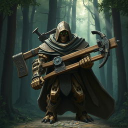 A warforged made of wood, cloaked in a cowl with a long cape, carrying a heavy crossbow