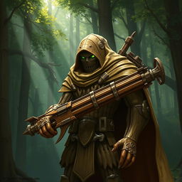 A warforged made of wood, cloaked in a cowl with a long cape, carrying a heavy crossbow