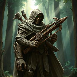 A warforged made of wood, cloaked in a cowl with a long cape, carrying a heavy crossbow