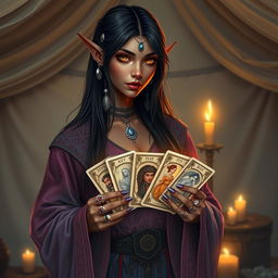 A mysterious half-elf woman with dusky skin, piercing amber eyes, and long raven-black hair adorned with silver charms