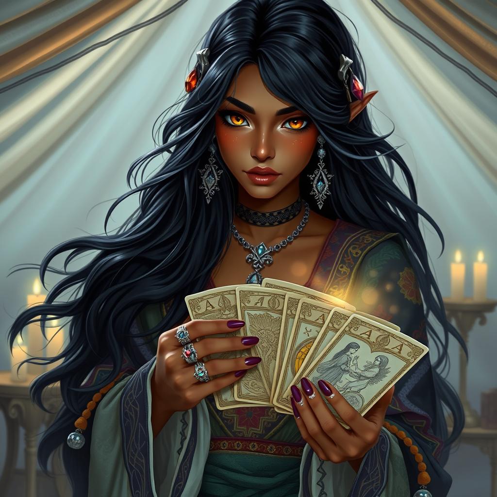 A mysterious half-elf woman with dusky skin, piercing amber eyes, and long raven-black hair adorned with silver charms