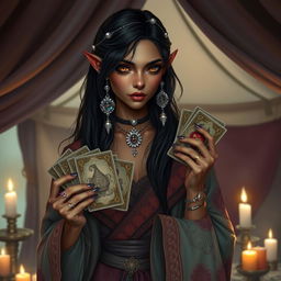 A mysterious half-elf woman with dusky skin, piercing amber eyes, and long raven-black hair adorned with silver charms