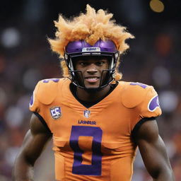 Lamar Jackson, the famous American football quarterback, transformed into a glowing Super Saiyan with golden hair and powerful aura around him on a football field.