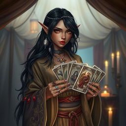 A mysterious half-elf woman with dusky skin, piercing amber eyes, and long raven-black hair adorned with silver charms