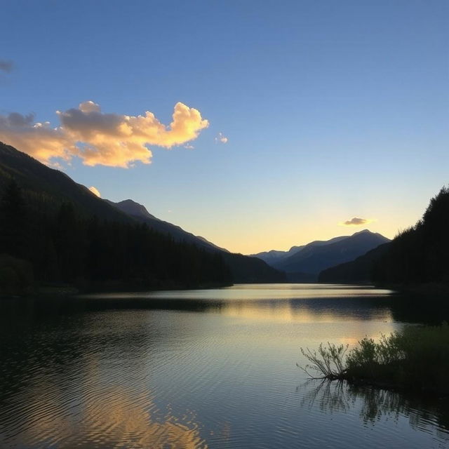 A serene landscape featuring a peaceful lake surrounded by lush trees and mountains in the background