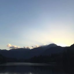 A serene landscape featuring a peaceful lake surrounded by lush trees and mountains in the background