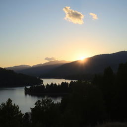 A serene landscape featuring a peaceful lake surrounded by lush trees and mountains in the background