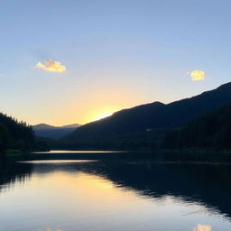 A serene landscape featuring a peaceful lake surrounded by lush trees and mountains in the background