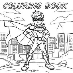 A superhero-themed colouring book page featuring a heroic character in a dynamic pose, with a cityscape background