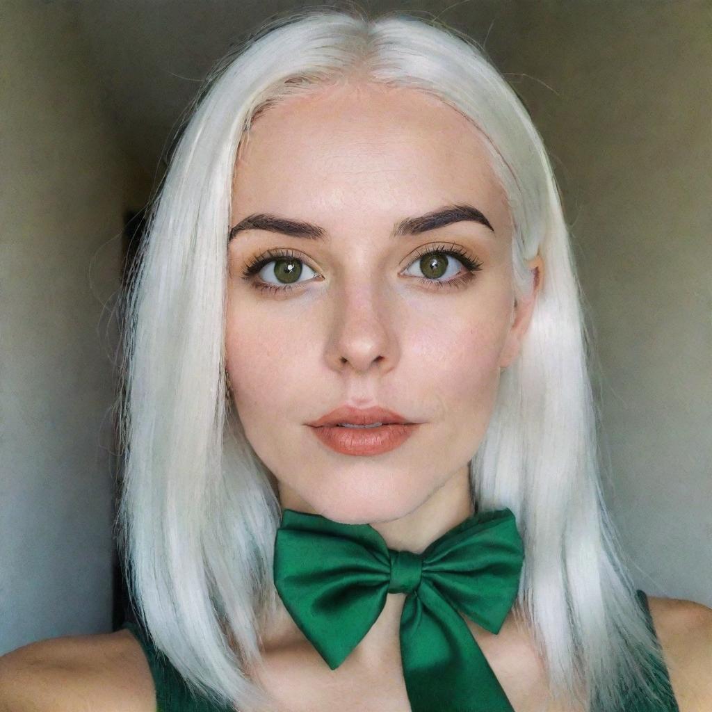 Interior selfie of a girl with white hair, swarthy skin, proportional square facial features, a small smooth nose, dimples in her cheeks, bow lips, thin cheeks and cheekbones, large black eyebrows, and smooth medium green eyes in a romantic pose, taken using a low-quality phone camera