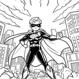 A superhero-themed colouring book page featuring a heroic character in a dynamic pose, with a cityscape background