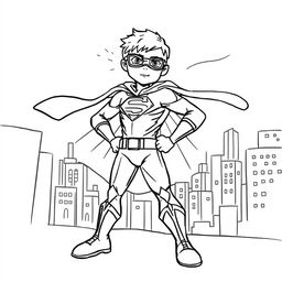 A superhero-themed colouring book page featuring a heroic character in a dynamic pose, with a cityscape background