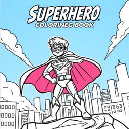 A superhero-themed colouring book page featuring a heroic character in a dynamic pose, with a cityscape background