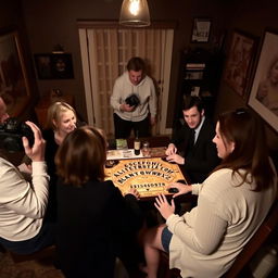 A group of six people, consisting of two women and four men, sitting around a table playing with a Ouija board