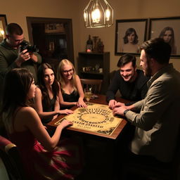 A group of six people, consisting of two women and four men, sitting around a table playing with a Ouija board