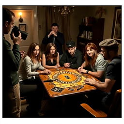 A group of six people, consisting of two women and four men, sitting around a table playing with a Ouija board