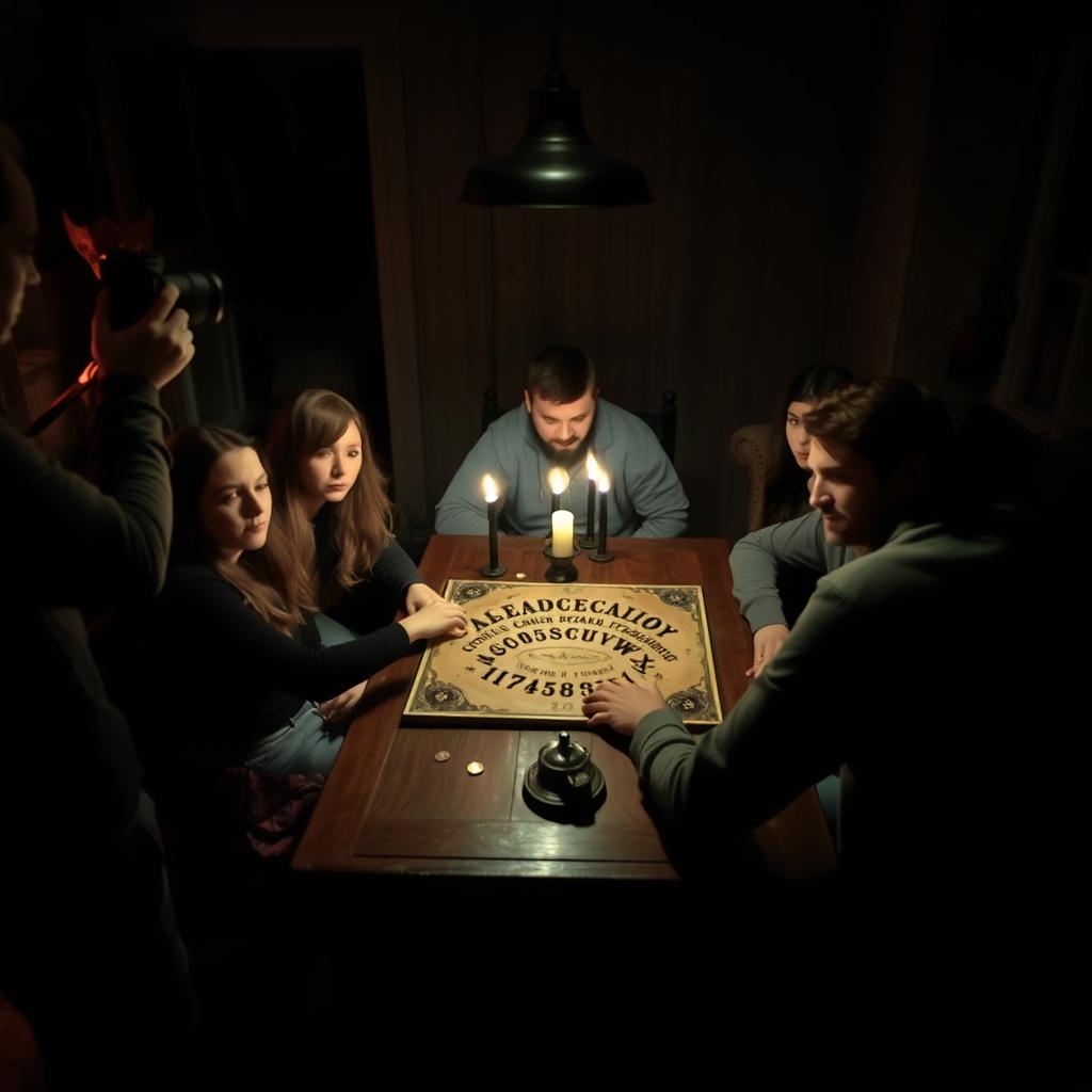 A group of six people, consisting of two women and four men, sitting around a table playing with a Ouija board