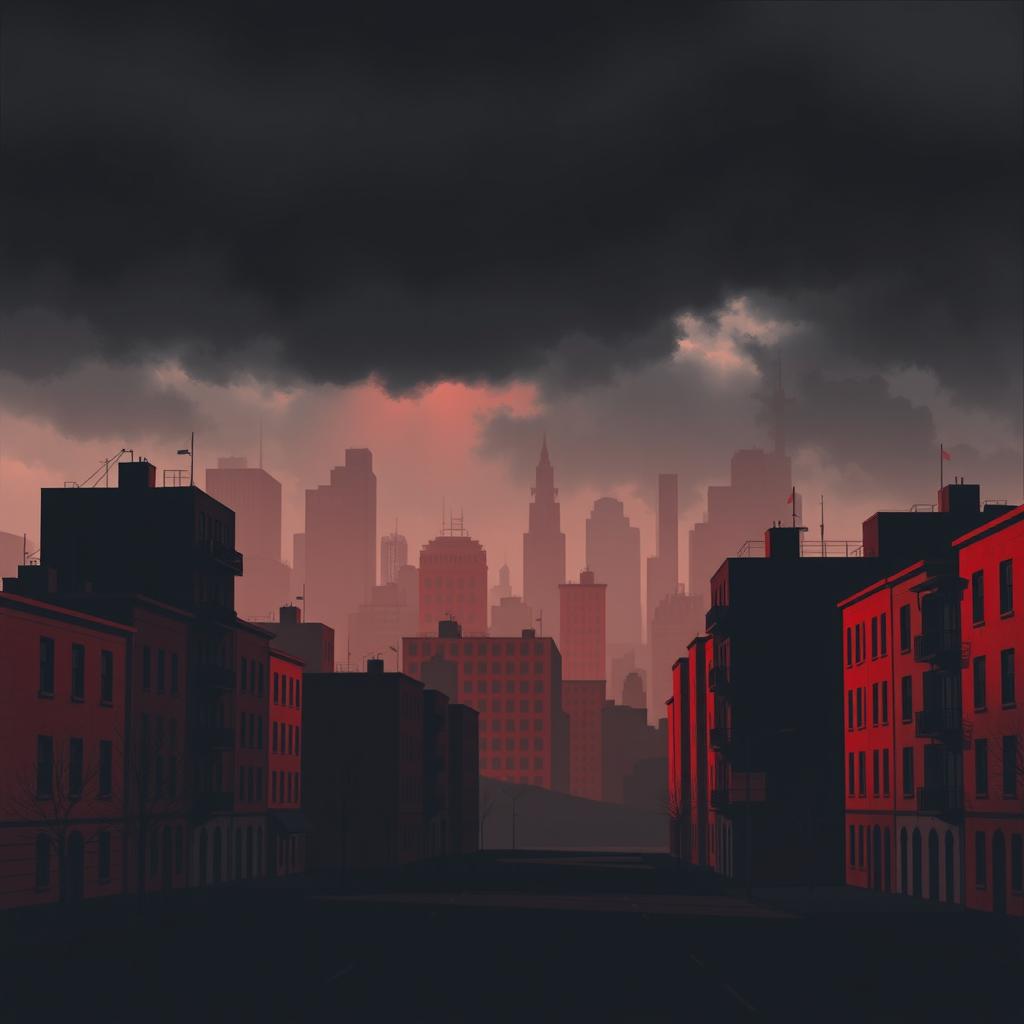 A cityscape background featuring buildings in red and black colors