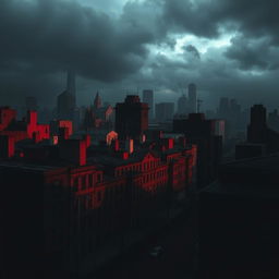 A cityscape background featuring buildings in red and black colors