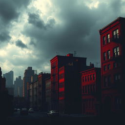 A cityscape background featuring buildings in red and black colors