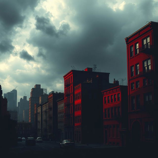 A cityscape background featuring buildings in red and black colors