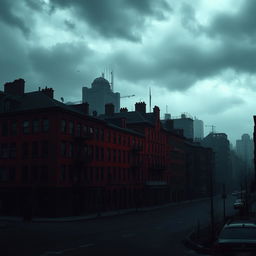 A cityscape background featuring buildings in red and black colors