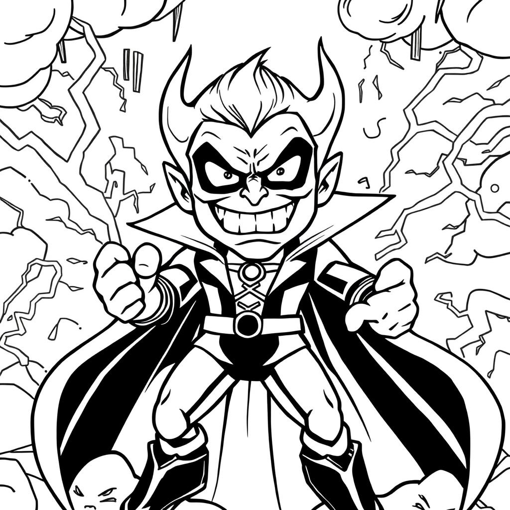 A superhero-themed colouring book page featuring a supervillain character in a menacing pose, with a dark and stormy background