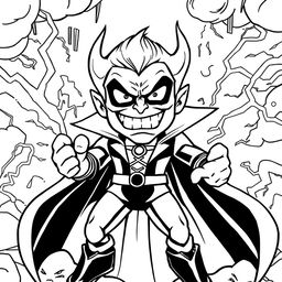 A superhero-themed colouring book page featuring a supervillain character in a menacing pose, with a dark and stormy background