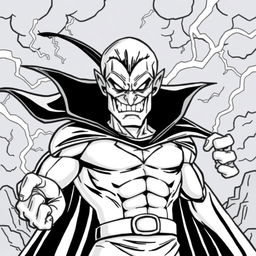 A superhero-themed colouring book page featuring a supervillain character in a menacing pose, with a dark and stormy background