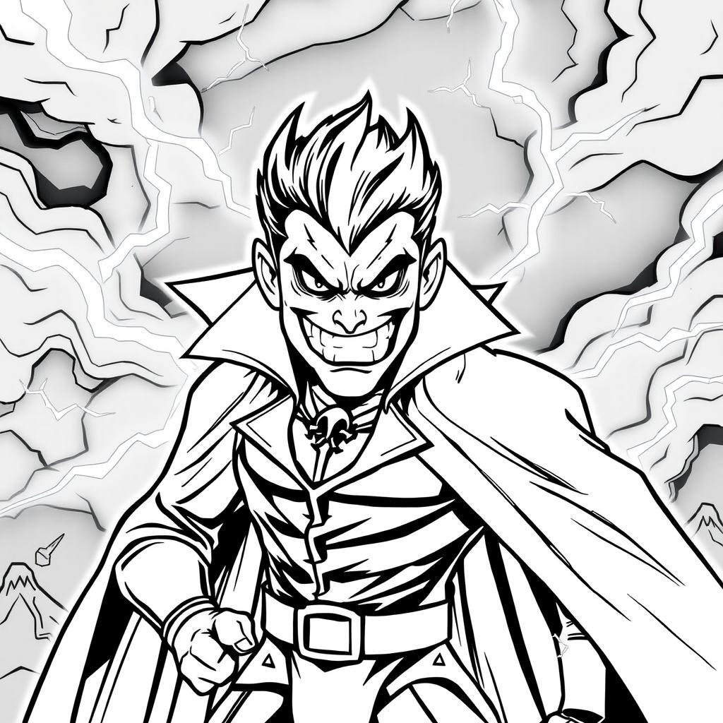 A superhero-themed colouring book page featuring a supervillain character in a menacing pose, with a dark and stormy background