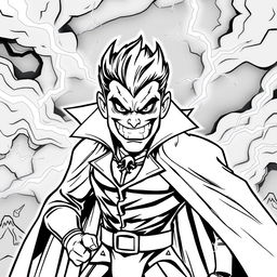 A superhero-themed colouring book page featuring a supervillain character in a menacing pose, with a dark and stormy background