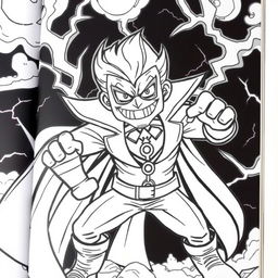 A superhero-themed colouring book page featuring a supervillain character in a menacing pose, with a dark and stormy background